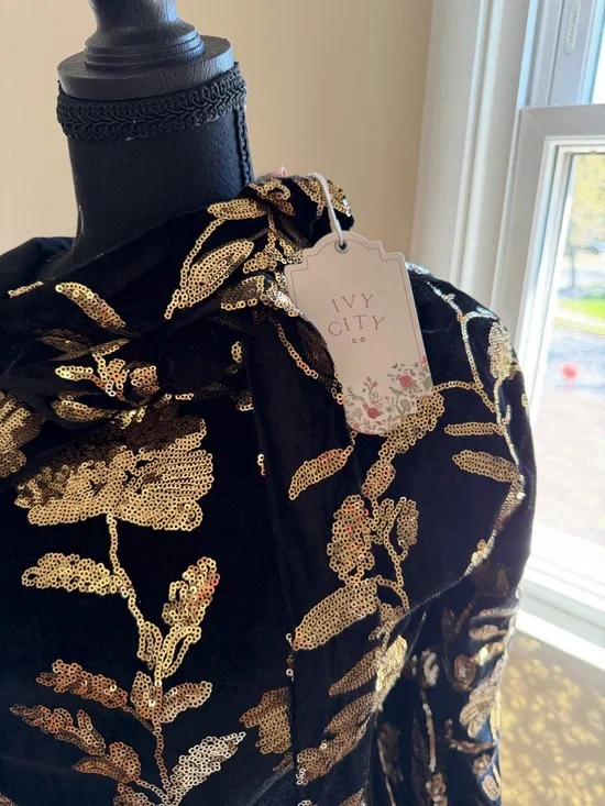 Ivy city co zarah black Mini Dress with Gold Floral Embroidery and Feather Trim - Picture 3 of 5